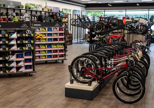 Bicycles and bicycle accessories on display inside Wheel & Sprocket in Park Ridge.